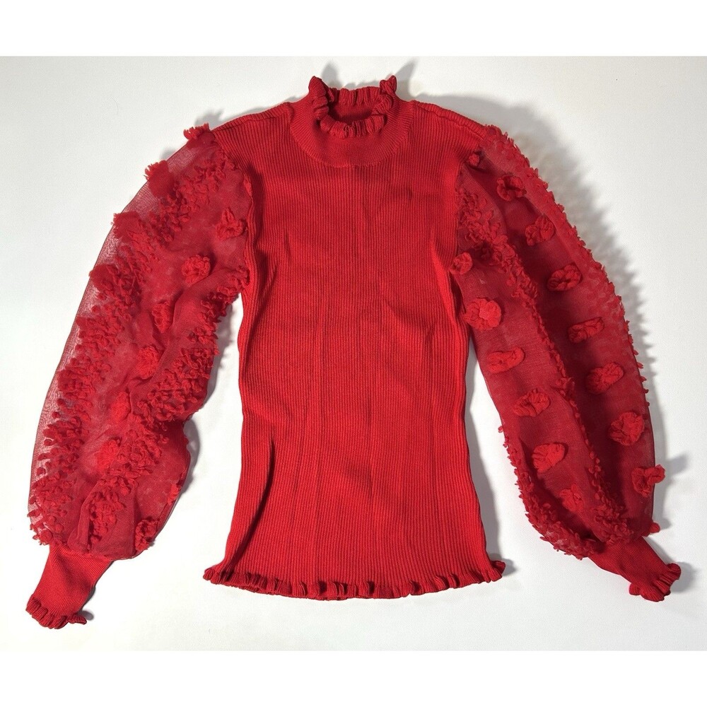 Women's S Red Lace Floral Puff Sleeve Pullover Sweater Cato Fashions Est 1946